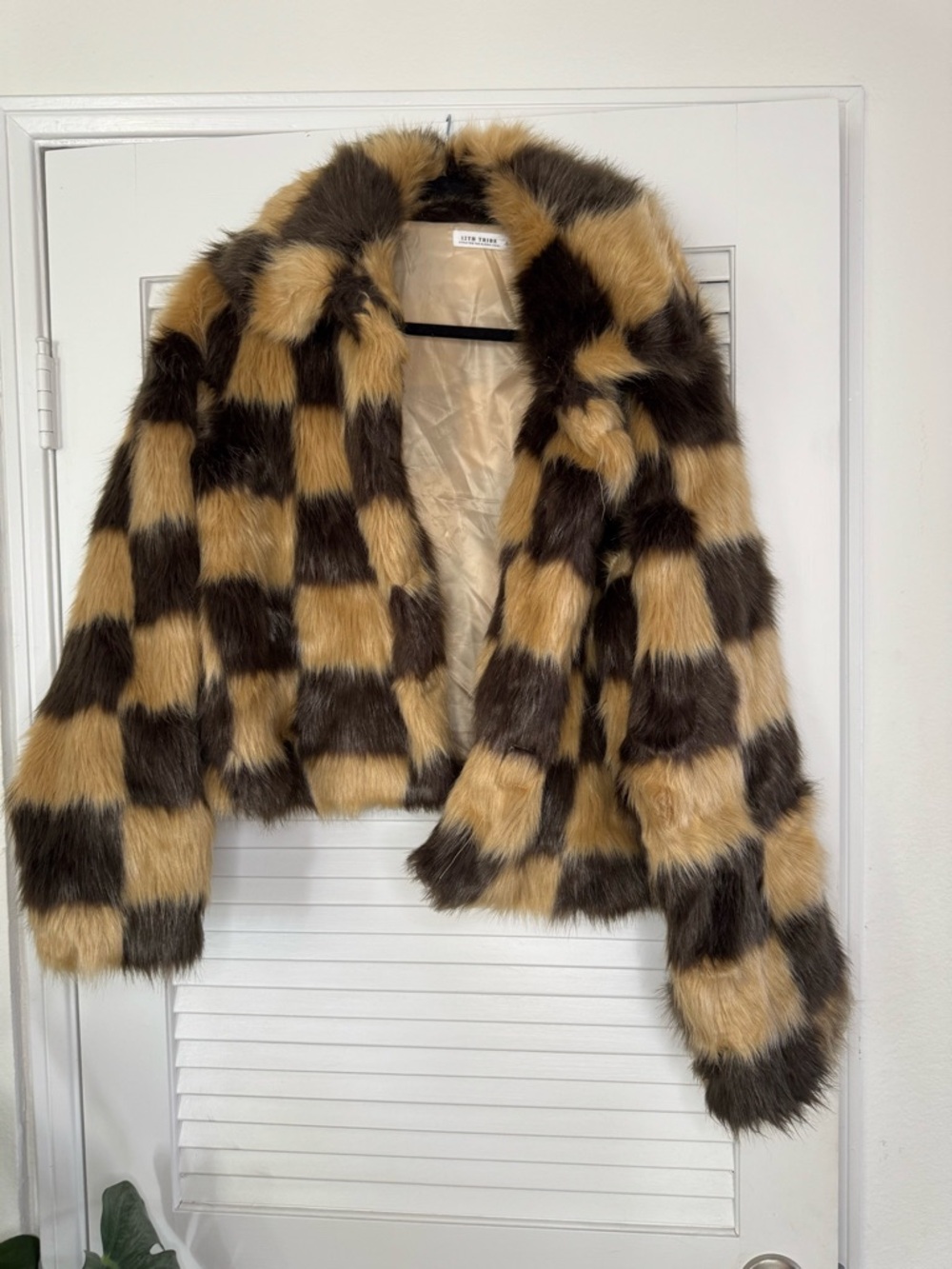 12th Tribe Checkerboard Faux Fur Jacket in Tan and Dark Brown